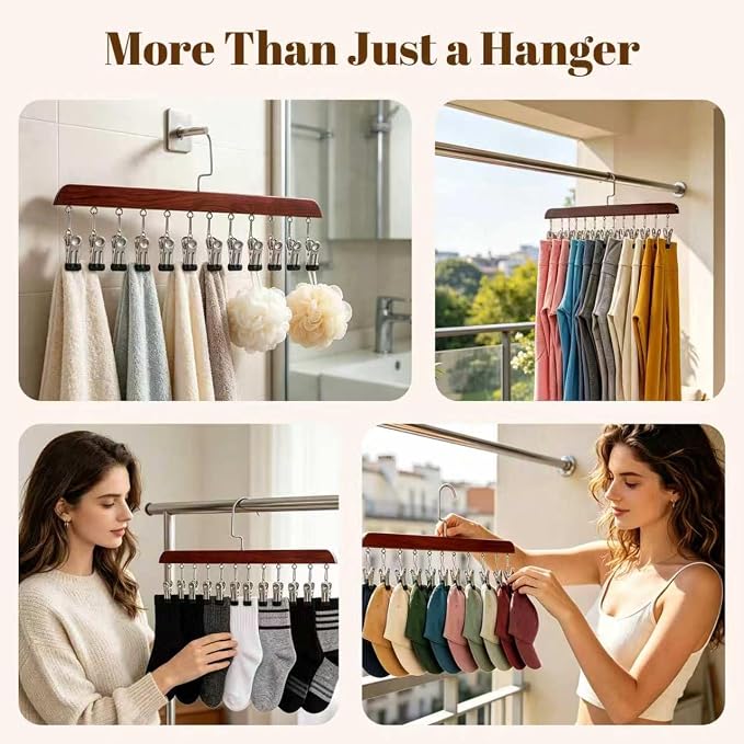 Space Saving Hanging Clothes Organizer with 12 Clips Multi-Purpose Storage for Leggings, Jeans, Skirts, Scarves, Hats, Socks(Vintage-2PCS)