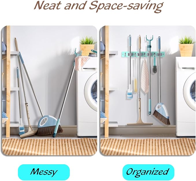 OUTNILI Turquoise Mop Broom Holder Wall Mount with 4 Slots & 4 Hooks - Wood Broom Mop Hanger for Pantry Closet Laundry Room Organization - for Teal Kitchen Decor and Accessories