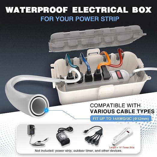 Flemoon Medium Outdoor Electrical Box Waterproof with Clear Lid, Weatherproof Extension Cord Cover for Photocell Light Sensor Timer, Power Strip, Outlet, Plug, Socket, Transparent and White