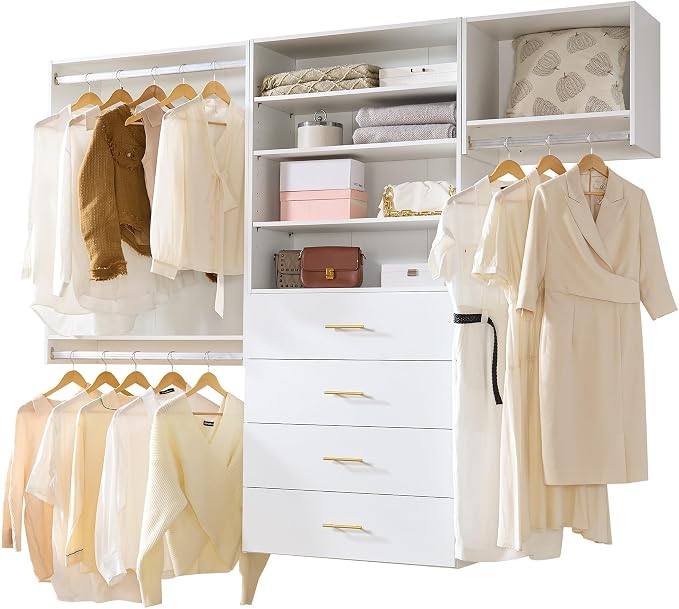 76.5" Modular Closet System, White MDF Walk-In Closet Organizer with Double Hanging Rods, Adjustable Shelves, 4 Drawers, Wall-Mounted Wardrobe Storage for Bedroom and Dressing Room