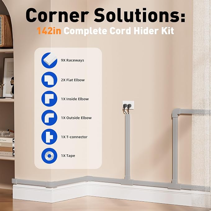 Delamu Cord Hider, 142in Cable Hider, Cord Covers for 2-3 Wires on Wall, Wire Covers for Cords, Wire Hiders for TV on Wall, Easier Setup Cable Cover Cable Management, W0.94 H0.47in, Grey