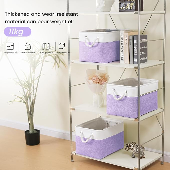 15x11x10 In Foldable Fabric Large Storage Bins with Handle 6 Pack | Organizer Baskets, Sturdy Metal Strand, Cardboard Support Molding, Storage Baskets for Shelves, Closet, Bedroom, White/Purple