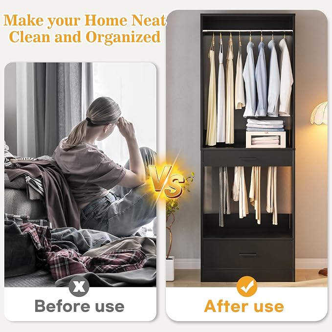 Homieasy Closet System Organizer with Hanging area, Pants Rack & Drawer – Expandable & Sturdy Modular Closet Storage Unit, Customizable Wardrobe Organizer for Bedroom or Walk-In Closet, Black