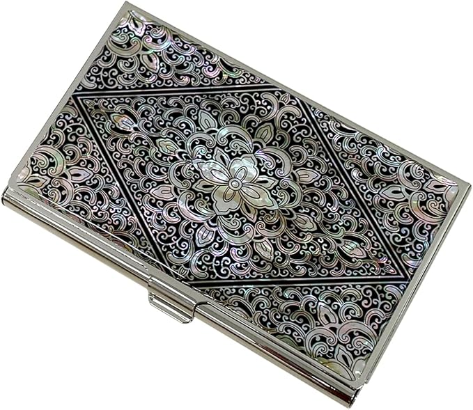 Mother of Pearl Business Card Case Credit Id Name Holder Travel Wallet Art Painting Design Metal Stainless Steel Engraved Slim Purse Pocket Cash Money Wallet (Diamond Arabesque)