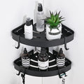 DUFU Adhesive Corner Shower Caddy with Hooks, Black, 2 Pack | Bathroom Shower Organizer, No Drilling, Rust Proof Aluminum Shower Shelf For Inside Shower