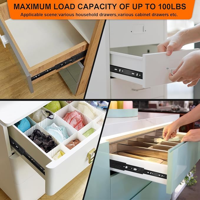 14 inch Drawer Slides 4 Pairs (8pcs) 3 fold Full Extension Side Mount Cabinet Drawer Glides 14" Black Cabinet Rails for Dresser, Cabinet, Kitchen,Trash Can, Wardrobe 100 LB Capacity