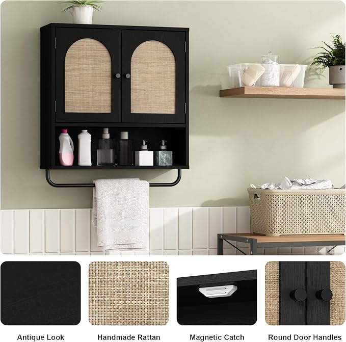 RUSTOWN Rattan Bathroom Wall Cabinet, Boho Medicine Cabinet with 2 Arched Doors, Farmhouse Over The Toilet Storage Cabinets with Adjustable Shelves & Towel Bar