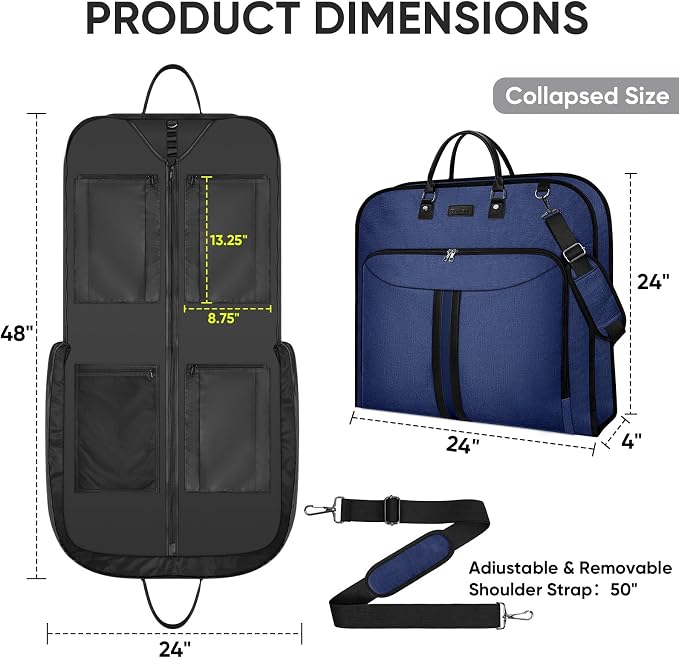 BALEINE Travel Garment Bag, Travel Suit Bag for Men, Water Resistant Carry on Garment Bag for Hanging Clothes, Garment Duffel Bag for Travel Business (Blue, 48")