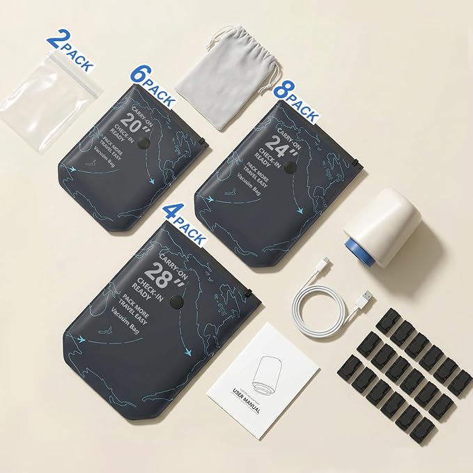 18 Pack Vacuum Seal Bags for Clothing Travel with Electric Pump (4 Large 28", 8 Medium 24", 6 Small 20") Heavy Duty 0.08mm Travel Vacuum Bags for Luggage & Moving, Reclaim 80% Space