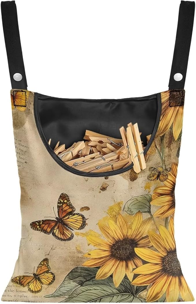 Butterfly Sunflower Clothespin Bag Fashion Hanging Storage Organizer Clothes Pin Bag Waterproof Laundry Clothespin Bag Clothespin Holder for Clothesline Outdoor