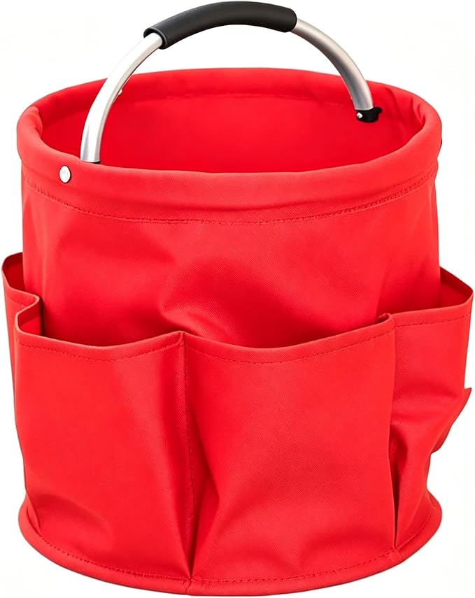Garden Tool Bucket Organizer, Bucket Tool Organizer,5 Gallon with Aluminum Handle, Multi Side Pockets Portable Storage Caddy for Gardening Camping Car Wash (Red, Open Top)
