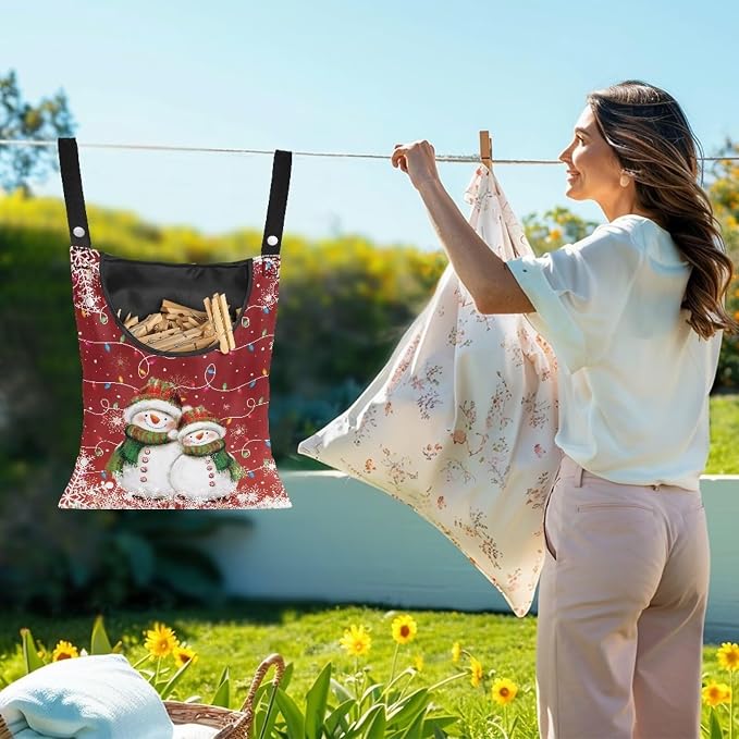 Christmas Snowman Laundry Clothespin Bag Holds 100 Medium-Sized Clothes Pins, Red Waterproof Polyester Material, 2 Ropes for Hanging and Effortlessly Sliding on Clothesline