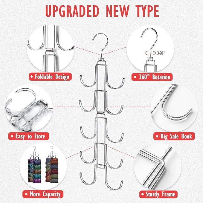 Handbags Purse Organizer for Closet: Bag Rack Hanger with 10 Big Hooks - 360° Rotation Purse Hanger for Display - Collapsible Space Saving for Handbag Belt Scarve Tie - 1 Pack Silver