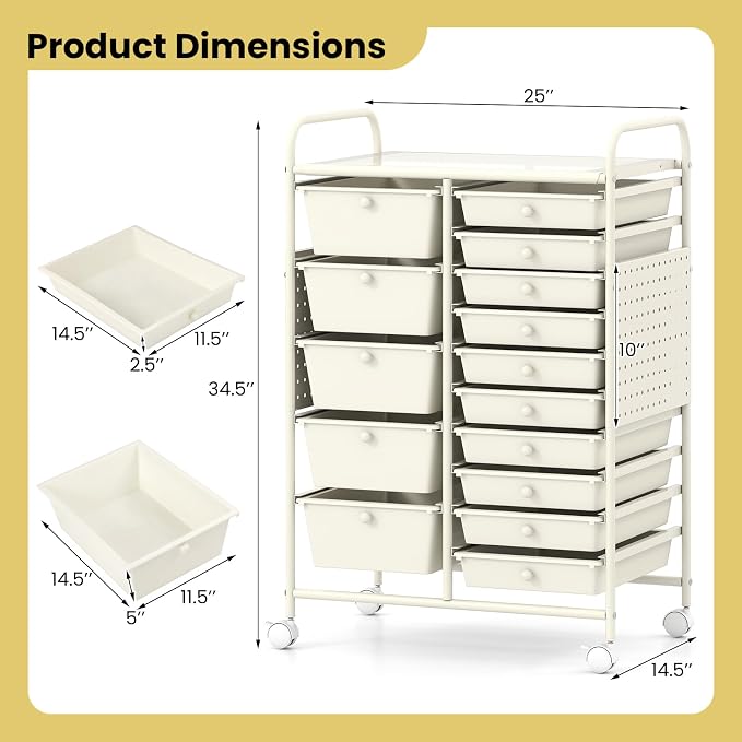 DREAMADE 15-Drawer Rolling Storage Cart, Craft Organizer Cart, White | Mobile Utility Cart with Metal Pegboard Panels, Tabletop and Lockable Wheels for Classroom, Office, Studio and Playroom
