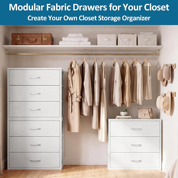 3 Fabric Drawer for Closet Storage: White Stackable Dresser Short Drawers for Clothes Organizer, Low Modular Chest Cabinet for Inside Closet Bedroom Nursery & Small Spaces, 3 Packs