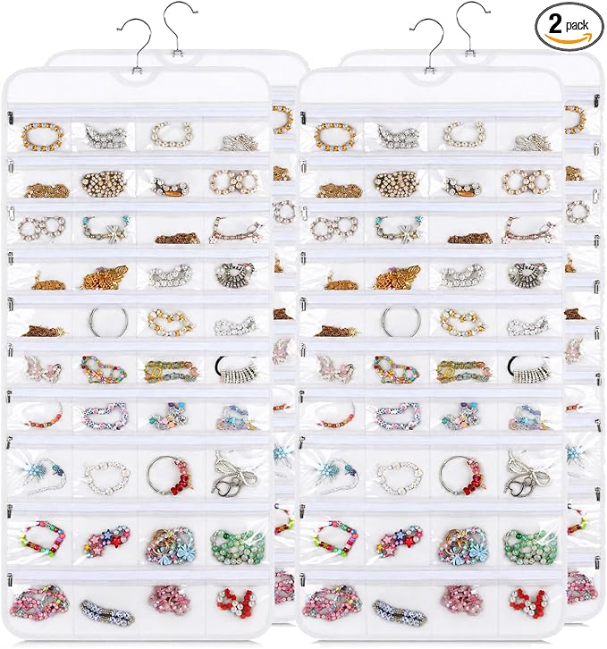 2 Pack Hanging Jewelry Organizer with 80 Zippered Pockets (White) | Dual-Sided Dustproof Foldable for Travel, Accessories Organizer for Holding Jewelries, Earring Organizers and Storage