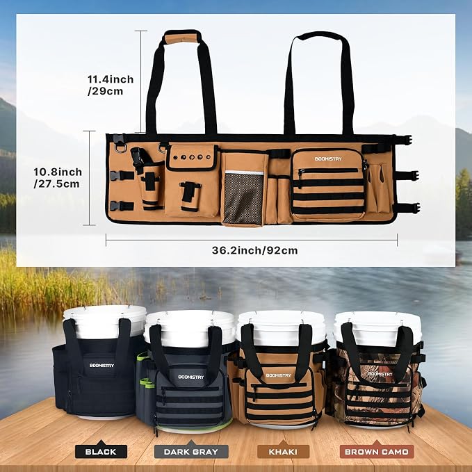 Boomistry Fishing Bucket Organizer for 5 Gallon Bucket, Khaki | 15 Multi-Pockets, 4 Built-in Rod Holder Storage, 3 Adjustable Buckles, for All Fishing Gear & Tackle Accessories