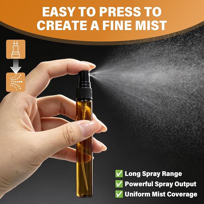 21 Packs Mini Glass Spray Bottles, 10ml Empty Amber Glass Perfume Atomizers | Bulk Refillable Fine Mist Perfume Containers,Travel-size Sample Spray Bottle for Perfume, Essential Oils (Black Caps)