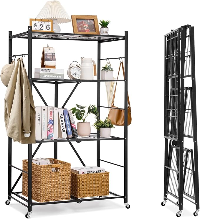 VEVOR 4-Tier Foldable Storage Shelf, 36W x 21D x 60H Inch Folding Metal Rack Shelving Unit, No Assembly Organizer Shelf with 5 Wheels & 4 Hooks for Pantry, Kitchen, Garage, Basement, Black