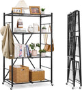 VEVOR 4-Tier Foldable Storage Shelf, 36W x 21D x 60H Inch Folding Metal Rack Shelving Unit, No Assembly Organizer Shelf with 5 Wheels & 4 Hooks for Pantry, Kitchen, Garage, Basement, Black