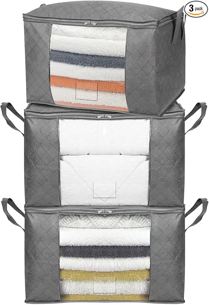 Amazon Basics Foldable Large Clothes Storage Bags with Clear Window & Carrying Handles, Closet Organizers, Zipper, 3-Pack, Gray