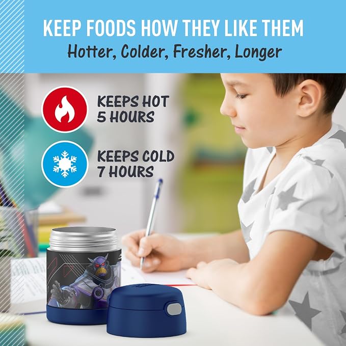 THERMOS FUNTAINER 10 Ounce Stainless Steel Vacuum Insulated Kids Food Jar with Spoon, LIGHTYEAR