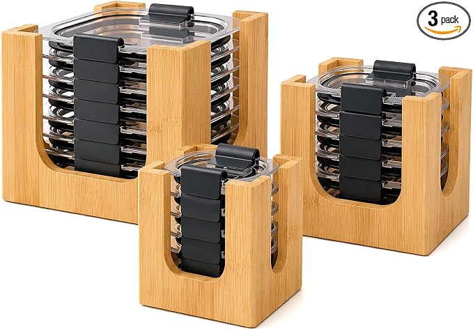 Bamboo Lid Organizer Rack for Rubbermaid Brilliance | 3-piece stackable lid holder, holds 24 lids, fits 4.7/3.2/1.3/0.5 cup, premium warp-resistant bamboo, no assembly needed