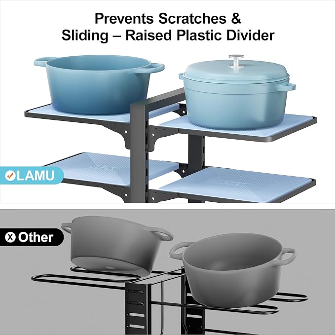 LAMU Pots and Pans Organizer Under Cabinet with 8 Adjustable Non-Slip Dividers,Pan Organizers Inside Cabinet,Iron Frame with Plastic Shelves,15-Inch Height for Small Kitchen Storage,Black
