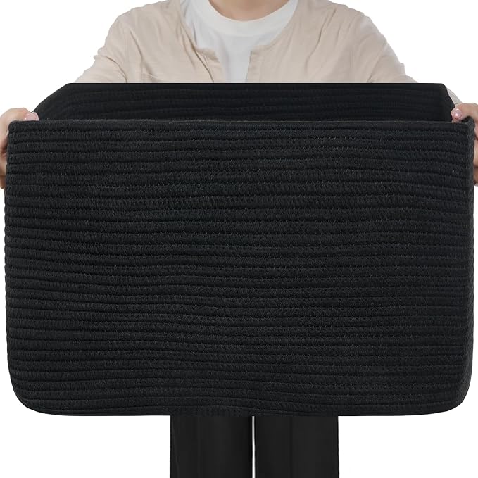 Optish 95L Large Blanket Basket, Woven Storage Baskets with Reinforced Handles, Rope Laundry Basket for Living Room, Bedroom, Nursery, Toys, Clothes,Pillows, 24” x 17” x 13.5”, Black