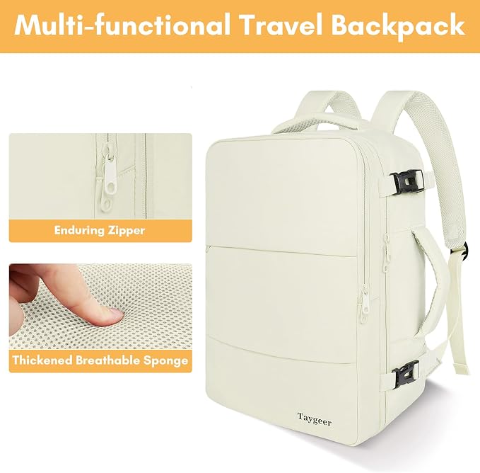 Taygeer Large Travel Backpack, 17 inch Laptop Backpack for Women | Airline Approved Personal Item Mochila, 40l Luggage Carryon Work Bag for friend and Ladies Business Travel Hiking, Beige