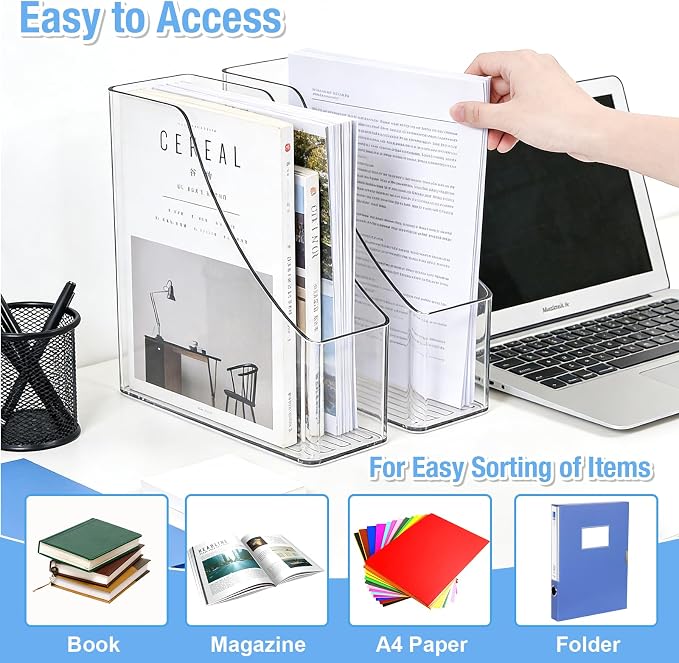 SAYEEC Vertical File Holder Clear Acrylic Magazine Holder Desk File Organizer Multi-purpose Document Organizer Storage Bins Holding for Magazines Binders Notebooks Envelopes Office Supplies (2 Pack)