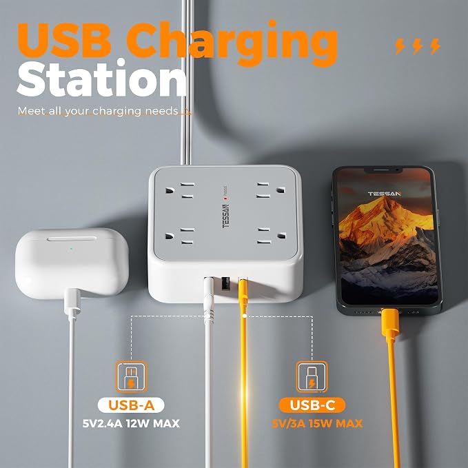 TESSAN Surge Protector Power Strip, 5 Ft Flat Plug Extension Cord with 3 USB (1 USB C) 8 Outlets, 900J Protection, 3 Sided Outlet Extender with Ring Plug for Office, Dorm Room, Grey