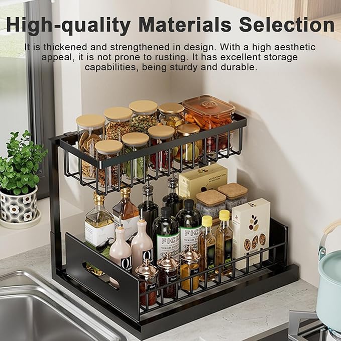 Under Sink Organizer, Pull Out Cabinet Storage 2 Tier Slide Out Sink Shelf, Kitchen Organizers and Storage, Black, 1 Pack