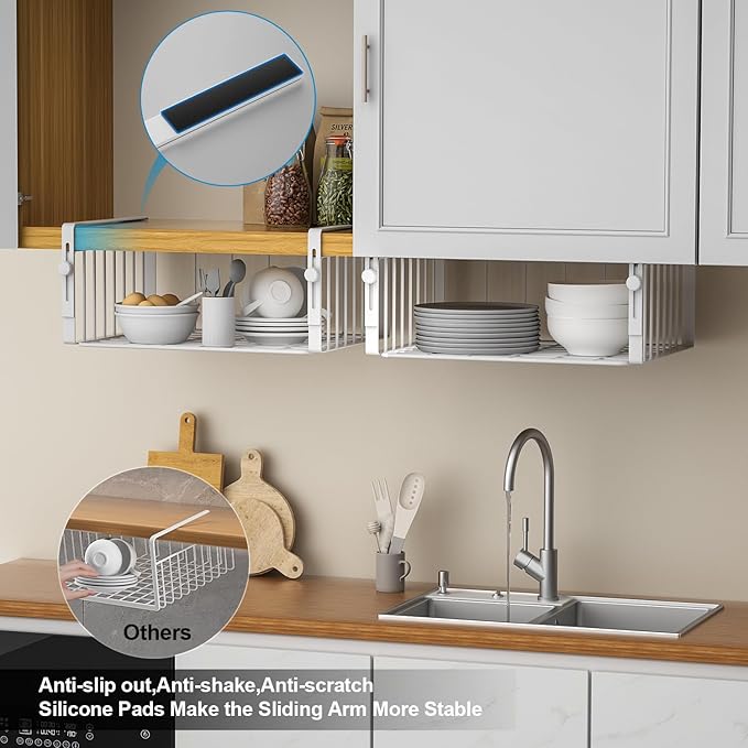 AmonHouseware 2Pack Under Shelf Basket Organizer,Adjustable Hanging Holder Storage for Cabinet Pantry Kitchen Cupboard Desk Counter Bookshelf Organization Add-on Space Saver Heavy Duty Slide-in,White