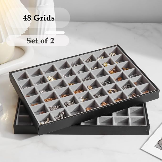 Large Jewelry Organizer Tray 2 Pack, Stackable Jewelry Storage Holder for Drawer Inserts, PU Leather Velvet Jewellery Display Case for Earring Bracelet Necklace Ring (Black Gray, 48 Grids)
