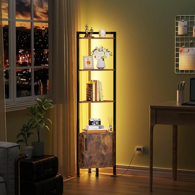 Furnulem Corner Shelf Cabinet,Corner Bookshelf with Storage and LED Light | Wall Shelf Unit,62.8”Tall Wood Display Shelves for Bedroom,Living Room,Kitchen,Metal Frame,Easy to Assemble
