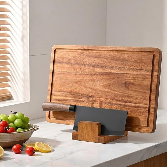 ZUJJAFY Cutting Board Holder, Acacia Wood Cutting Board Organizer for Cabinet, 3 Slot Chopping Board Stand for Countertop