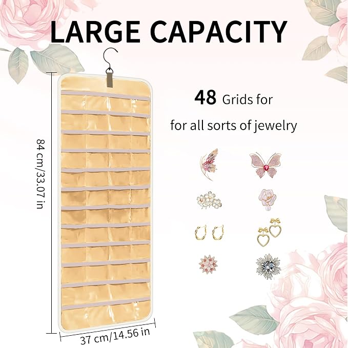 Bloss Hanging Jewelry Organizer with 48 Pockets, Double-Side Hanging Jewelrys Holder with Hanger Hooks, Jewelry Organizers and Accessories Storage for Earrings, Necklaces and Rings,Beige