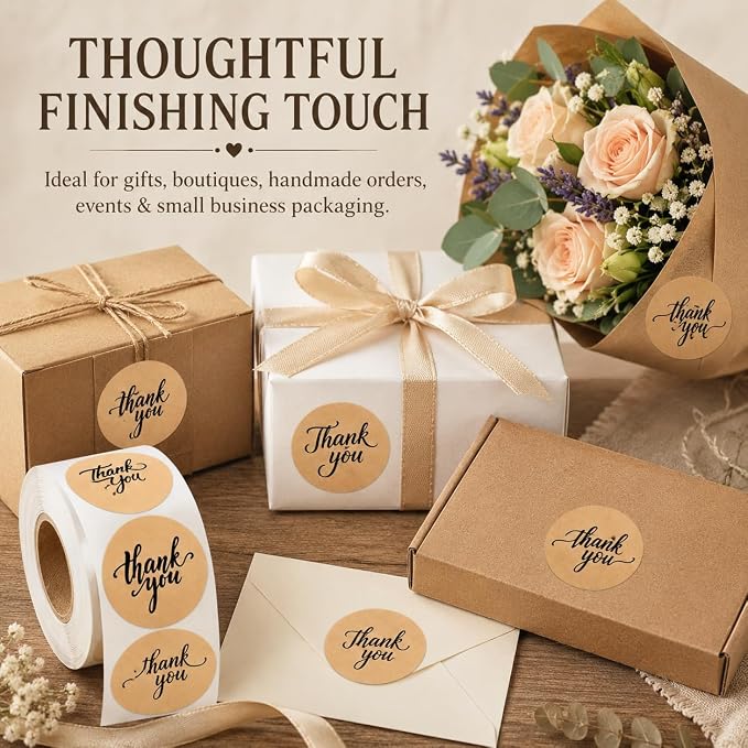 500 Thank You Stickers Roll – 1.5" Round Kraft Paper Labels with Black Script – Self-Adhesive Stickers for Small Business Packaging, Paper Bags, Gift Boxes & Envelopes