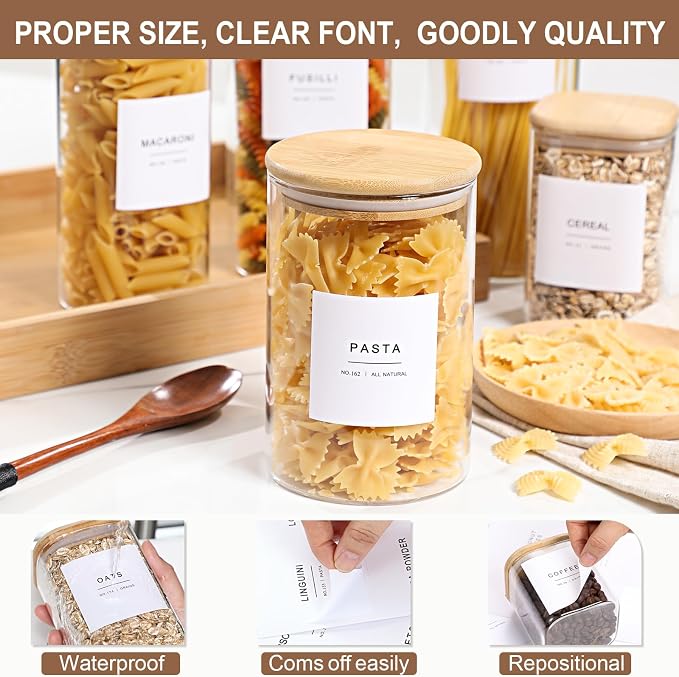308 Kitchen Pantry Labels for Food Containers, 3 Sizes White Minimalist Labels for Organizing, Food Label for Jars, Storage Bins, Preprinted Waterproof Pantry Label for Containers