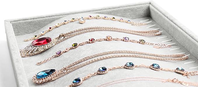 Stratalife 20 Hooks Necklace Organizer Tray, Stackable Jewelry Organizer for Women, Velvet Jewelry Display Storage Tray for Necklace Bracelet, 13.8" x 9.4" x 1.2", Grey