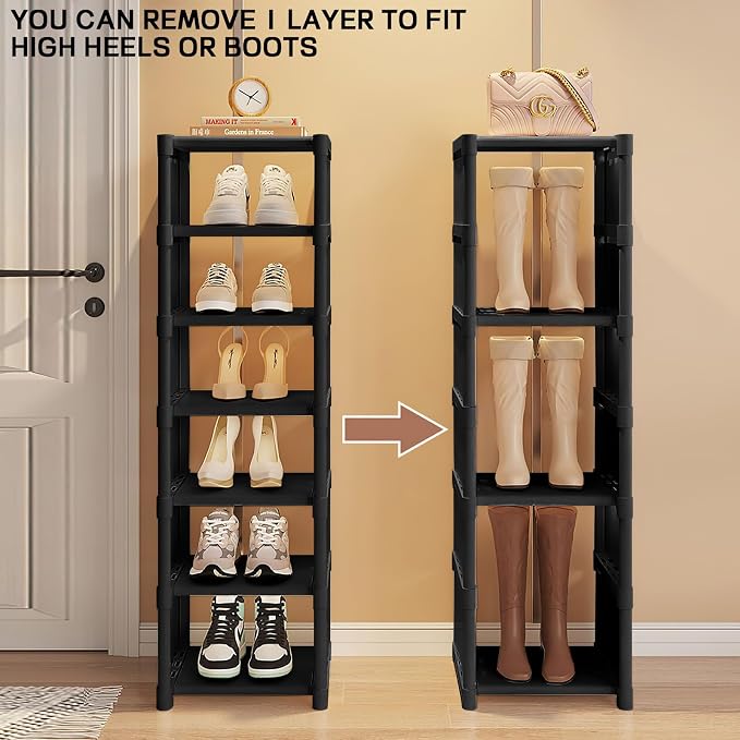 8-Tier Tall Corner Shoe Rack for Entryway Corner Narrow Shoe Shelf Space Saving Corner Shoe Storage Organizer Freestanding Storage Organizer for Closet, Entryway, and Small Spaces,Black