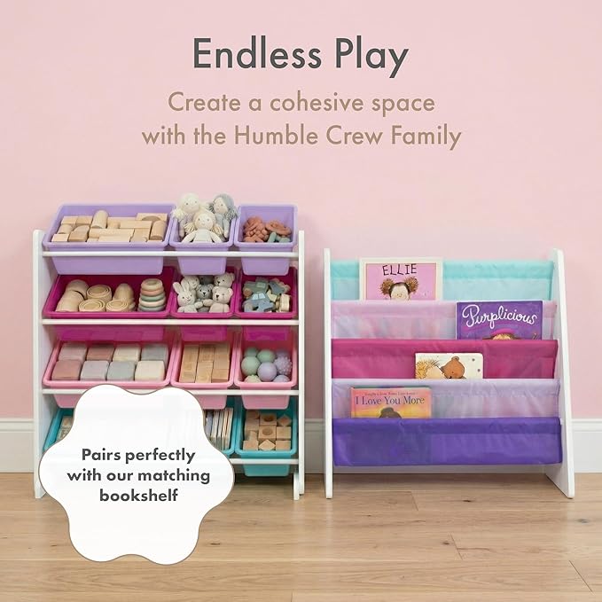 Humble Crew Toy Storage Organizer with 12 Removable Storage Bins for Kids Playroom, 4-Tier Toddler Toy Organization and Storage, White/Pink/Purple/Turquoise