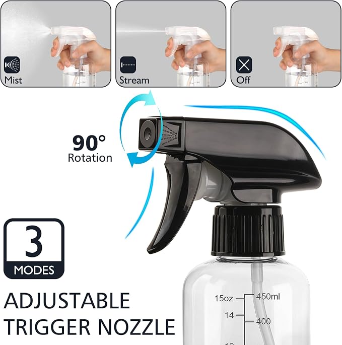 360° Spray Bottles 2 Pack 10oz Plastic Water Sprayer Small Squirt Bottle | Empty Water Spray Bottle Fine Mist Upside Down Containers with Adjustable Nozzle BPA Free for Hair Cleaning Cooking Plant Pet