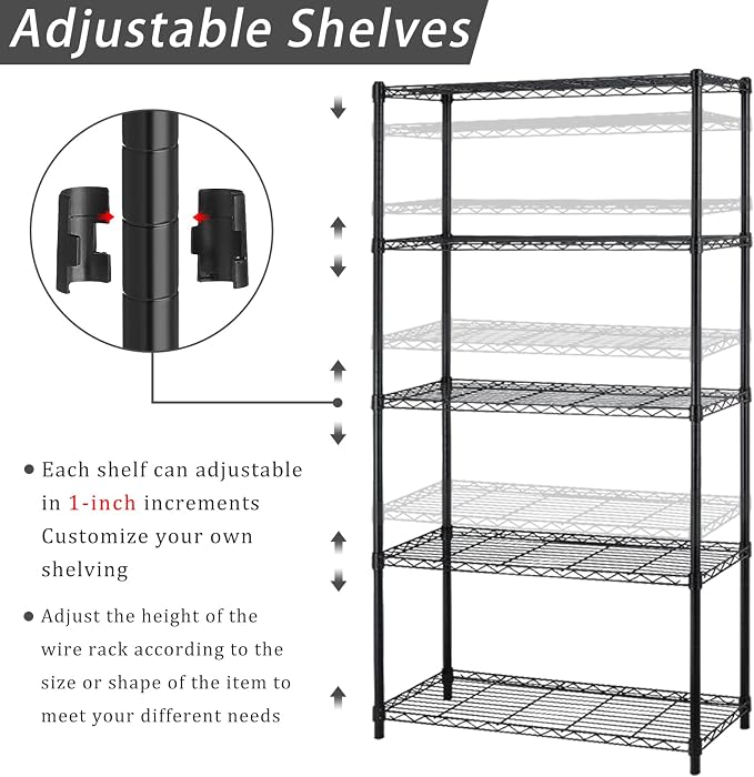 5 Tier Metal Shelving Unit Adjustable Wire Storage Shelves NSF Metal Storage Rack Shelf Organizer Kitchen Storage for Pantry Office, 1200Lbs Capacity, 72" H x 36" W x 14" D, Black