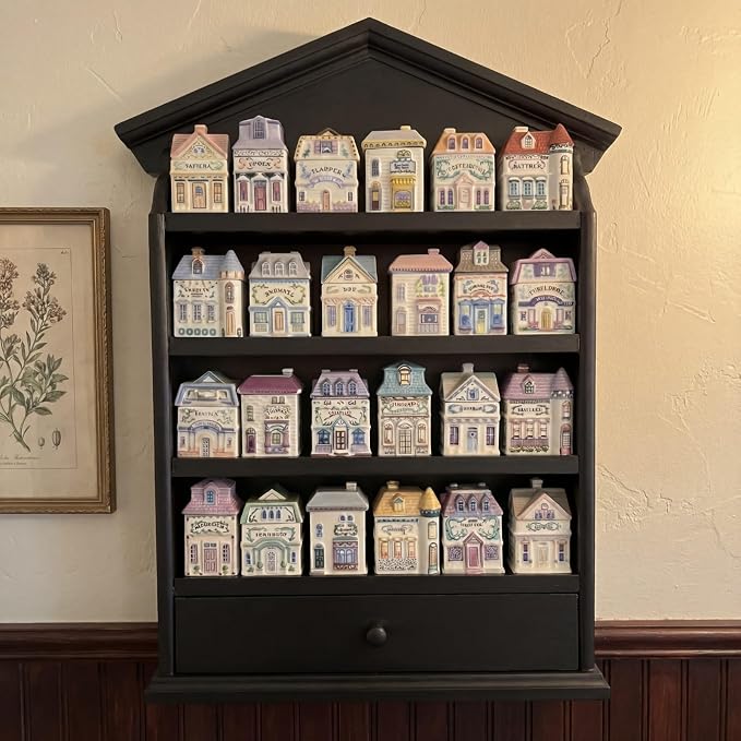 Chunful Vintage Spice Jar Wooden Rack with 4 Tier Hanging Spice Rack Wall Mounting Kitchen Storage Village Style Display Shelf for 24 Jar, Christmas Wedding Bridal Gift, Shelf Only(Classic Black)