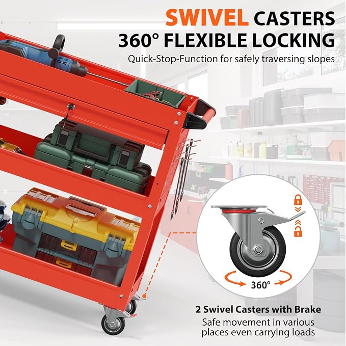 3 Tier Heavy Duty Rolling Tool Cart with Drawers, Large Storage Utility Cart on Wheels for Garage, Warehouse, Repair Shop (Red)
