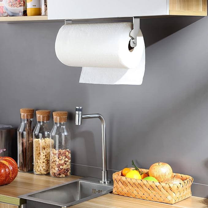 ZUNO Paper Towel Holder Cabinet Door or Under Cabinet, Self Adhesive | 11.82in Paper Towel Bar, Fits Most Standard Small or Large Paper Towel Rolls, Rustproof, Waterproof, No Drill, Over the Door