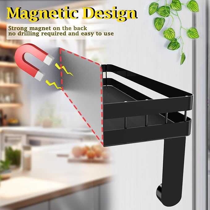 Paper Towel Holder Fridge Magnetic with Shelf - 2 Pack Paper Towel Holder Without Drilling + Magnet Spice Racks with 2 Kitchen Hanging Hooks Heavy Duty Space Saving, Black