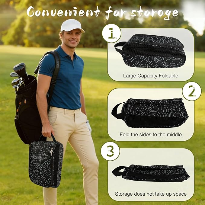 Golf Shoe Bag, Outdoor Zipper Sports Shoe Strap Bag with Air Mesh Ventilation, Durable Waterproof Golf Shoe Carry Bags with Sturdy Handle for Gym, Soccer, Running & Suitcase Packing (Line Texture)